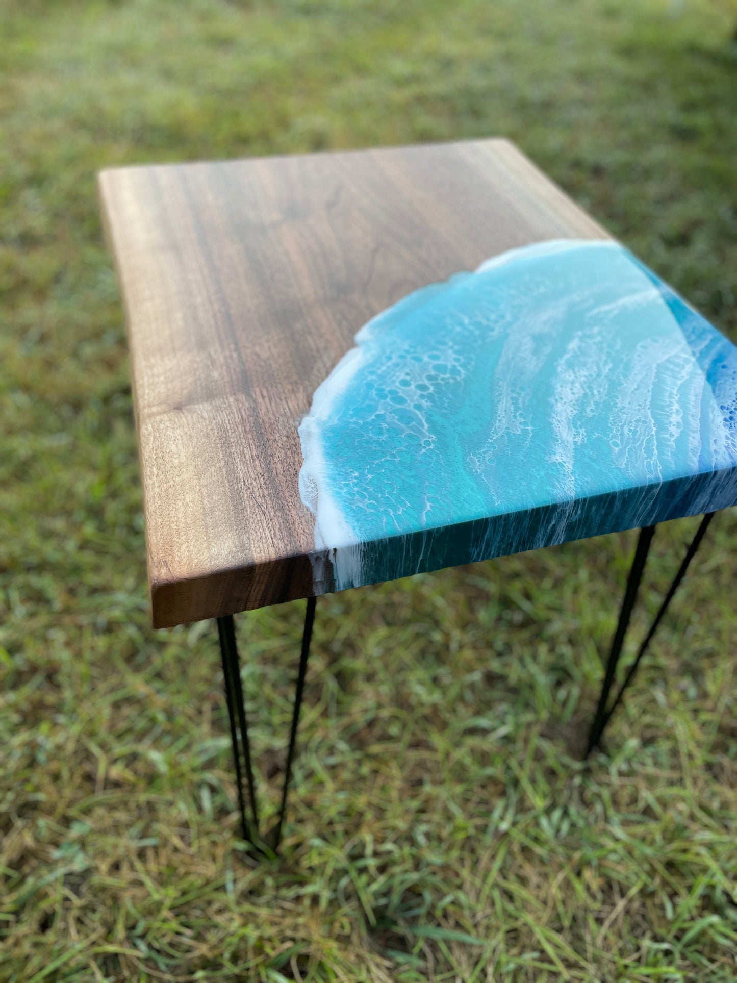 Walnut end table with epoxy waves