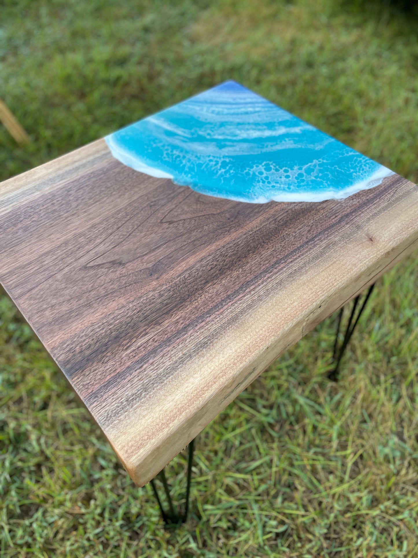 Walnut end table with epoxy waves